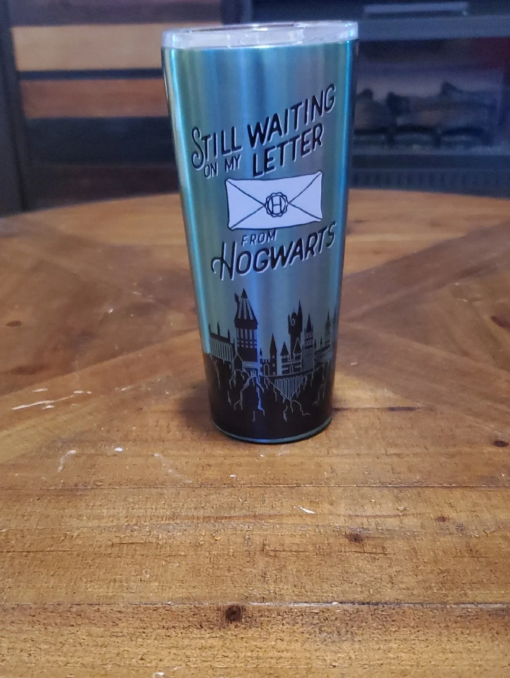 Green Hogwarts-Themed Travel Tumbler with Lid